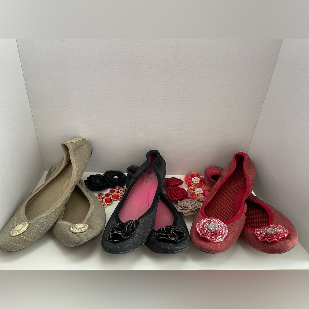 Lindsay Phillips | 3 Ballet Flats 15 Snaps | Red Tan Black Shiny | Size 10M